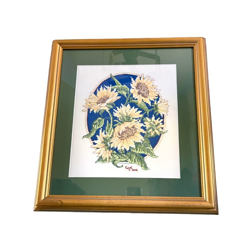 Framed Cross Stitch Flourishing Sunflowers Art on Linen 2006